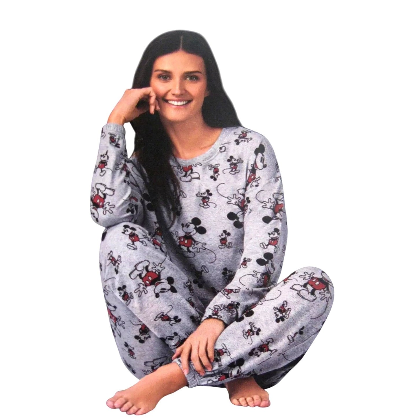 Disney Womens 2 Piece PJs Mickey Mouse Monogram Pajama Set Long Sleeve Top Jogger Elastic Waist Drawstring Pants Sleepwear