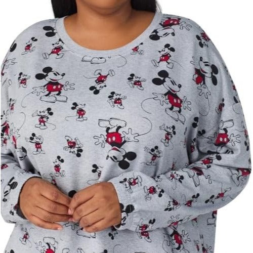 Disney Womens 2 Piece PJs Mickey Mouse Monogram Pajama Set Long Sleeve Top Jogger Elastic Waist Drawstring Pants Sleepwear