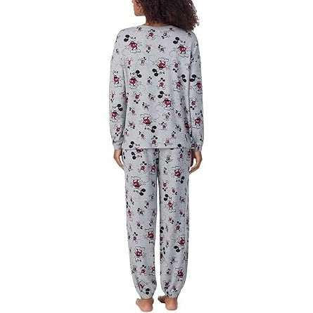 Disney Womens 2 Piece PJs Mickey Mouse Monogram Pajama Set Long Sleeve Top Jogger Elastic Waist Drawstring Pants Sleepwear