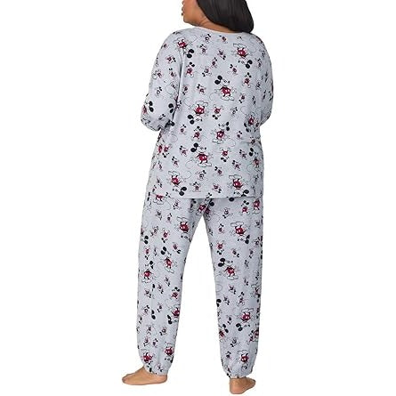 Disney Womens 2 Piece PJs Mickey Mouse Monogram Pajama Set Long Sleeve Top Jogger Elastic Waist Drawstring Pants Sleepwear