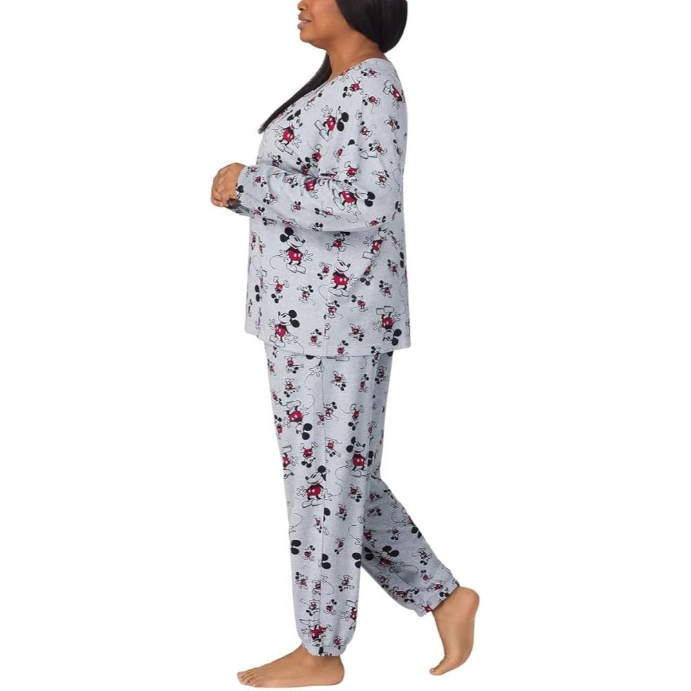 Disney Womens 2 Piece PJs Mickey Mouse Monogram Pajama Set Long Sleeve Top Jogger Elastic Waist Drawstring Pants Sleepwear