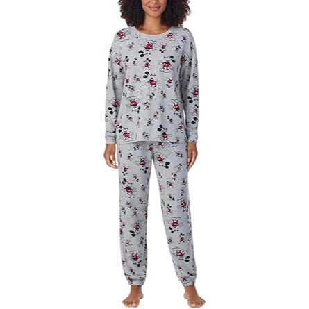 Disney Womens 2 Piece PJs Mickey Mouse Monogram Pajama Set Long Sleeve Top Jogger Elastic Waist Drawstring Pants Sleepwear