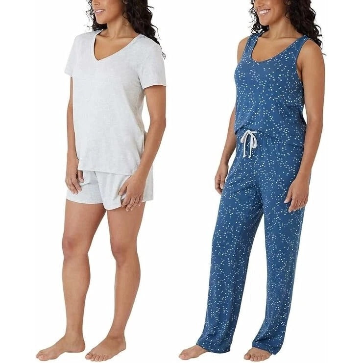 Eddie Bauer Women's 4-Piece Lounge Pajama Set Shirt Tank Top Shorts Pants Sleepwear Loungewear Gray/Blue Star