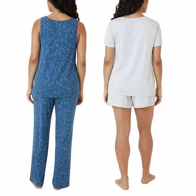 Eddie Bauer Women's 4-Piece Lounge Pajama Set Shirt Tank Top Shorts Pants Sleepwear Loungewear Gray/Blue Star
