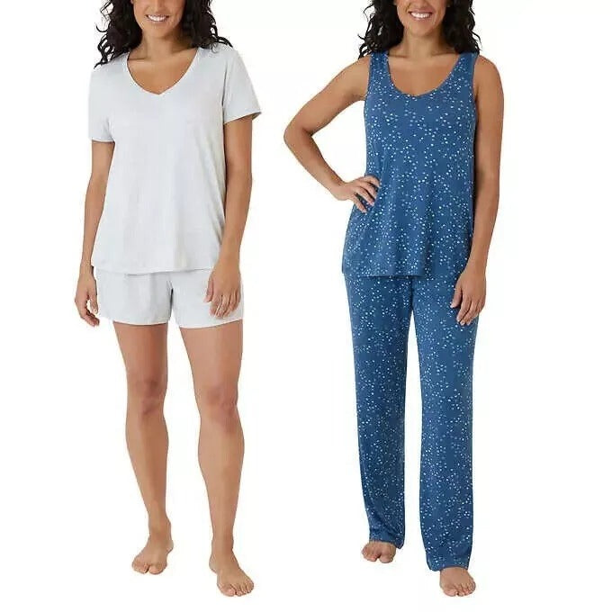 Eddie Bauer Women's 4-Piece Lounge Pajama Set Shirt Tank Top Shorts Pants Sleepwear Loungewear Gray/Blue Star