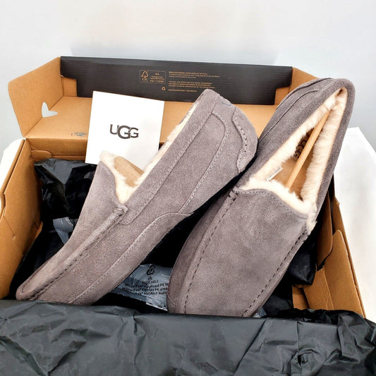 UGG Slippers Men’s Ascot Grey Suede Shearling Fur House Casual Shoes Luxury