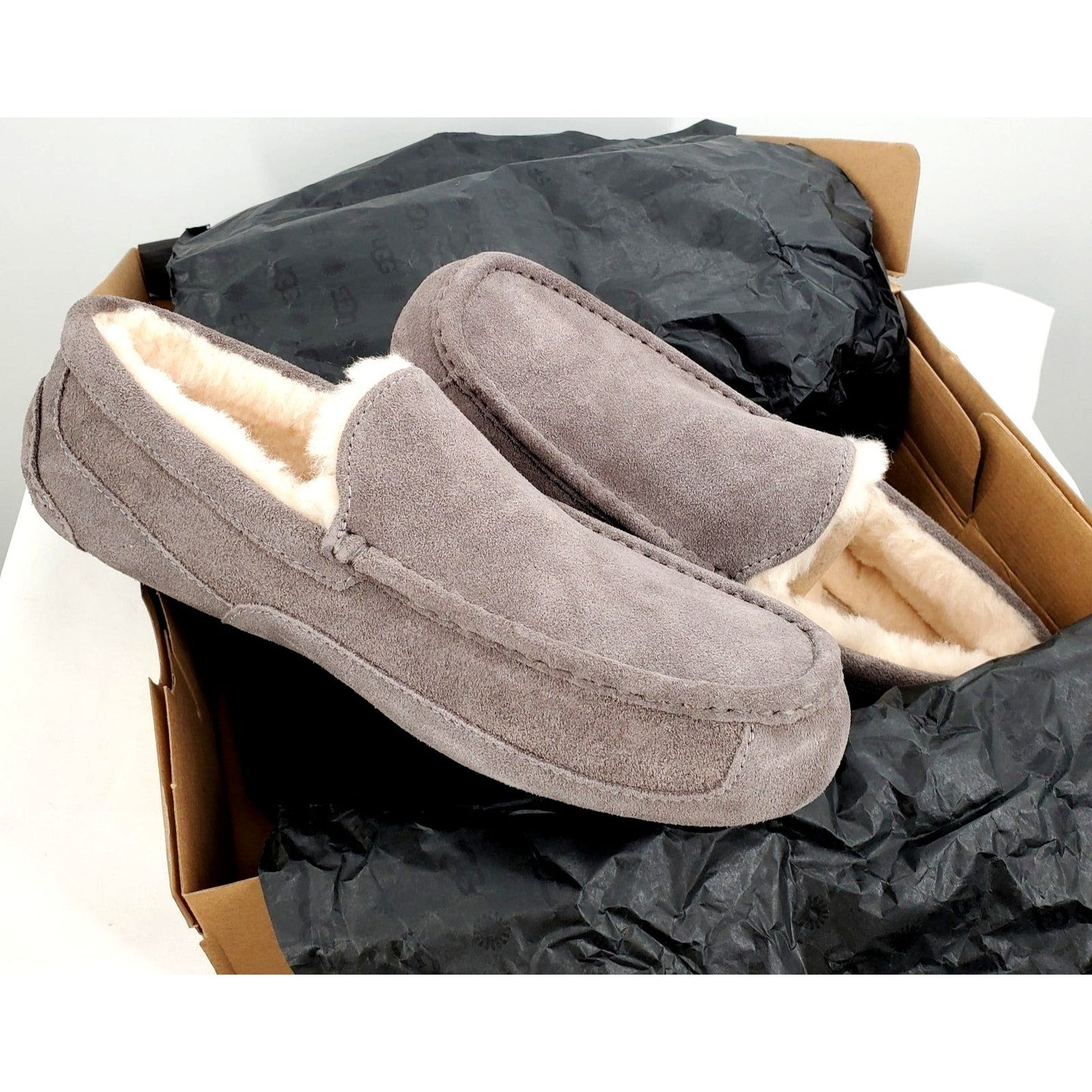 UGG Slippers Men’s Ascot Grey Suede Shearling Fur House Casual Shoes Luxury