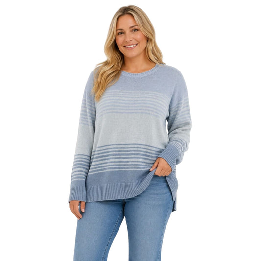 Ella Moss Knit Pullover Soft Sweater Ombre Stripe High-Low Crew Neck Top