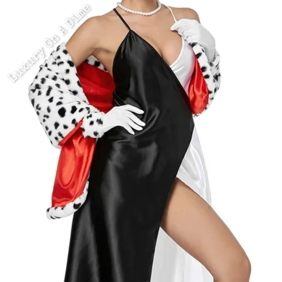 CRUELLA Dalmatians Spotted Cosplay Sexy Adult Dress Halloween Costume Party