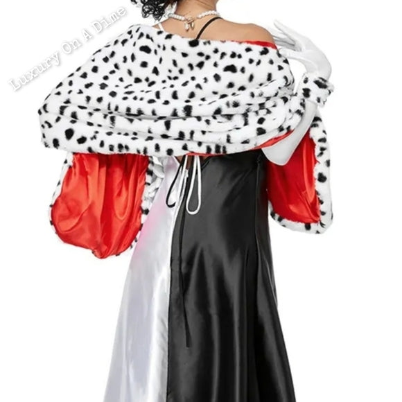 CRUELLA Dalmatians Spotted Cosplay Sexy Adult Dress Halloween Costume Party