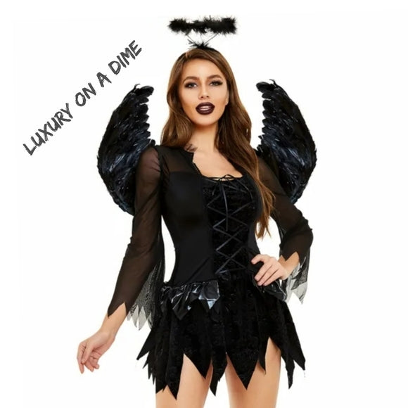 DARK Fallen ANGEL 3-piece Goth Punk Sexy Adult Halloween Costume Mini Dress
