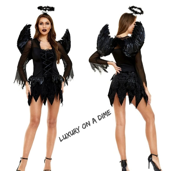 DARK Fallen ANGEL 3-piece Goth Punk Sexy Adult Halloween Costume Mini Dress