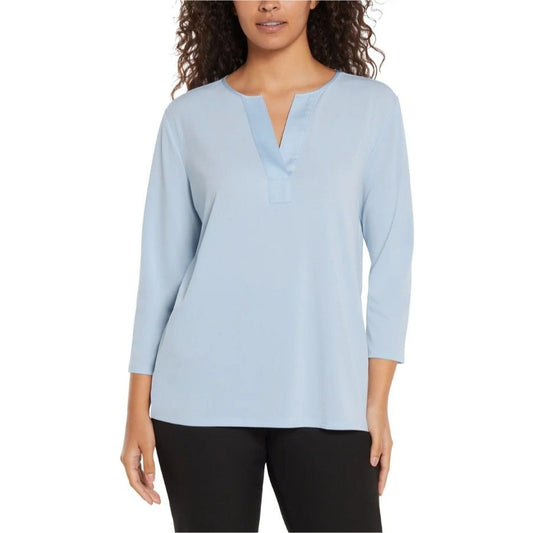 Banana Republic Woman Blouse Satin V-Neck Top 3/4 Sleeve Shirt Pullover Blue