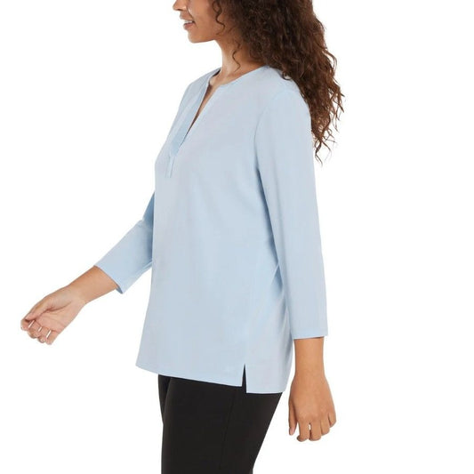 Banana Republic Woman Blouse Satin V-Neck Top 3/4 Sleeve Shirt Pullover Blue