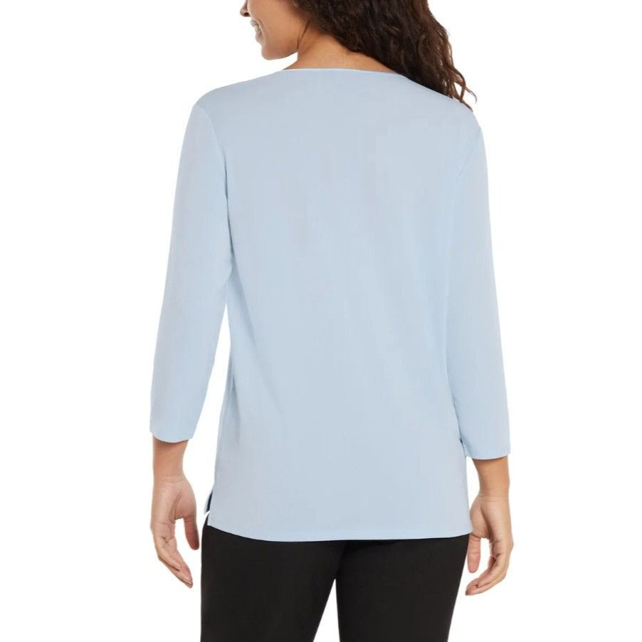 Banana Republic Woman Blouse Satin V-Neck Top 3/4 Sleeve Shirt Pullover Blue