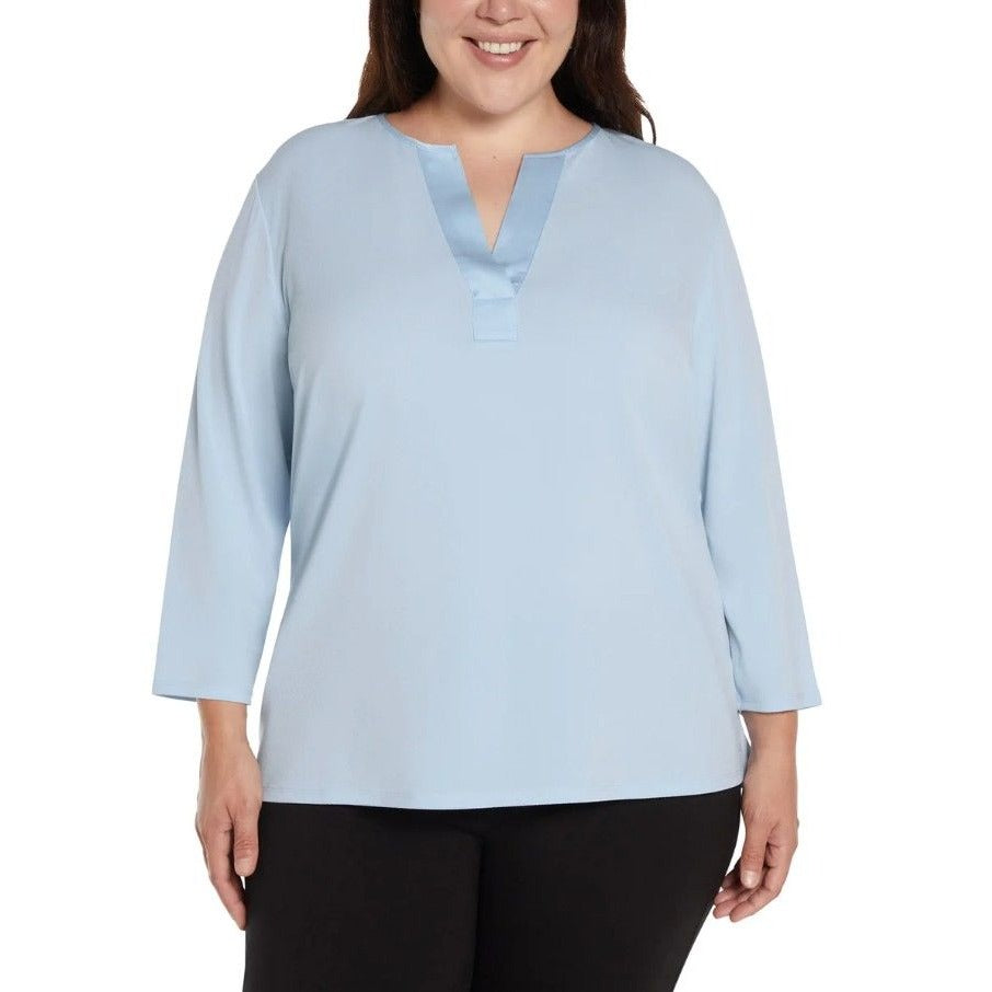 Banana Republic Woman Blouse Satin V-Neck Top 3/4 Sleeve Shirt Pullover Blue