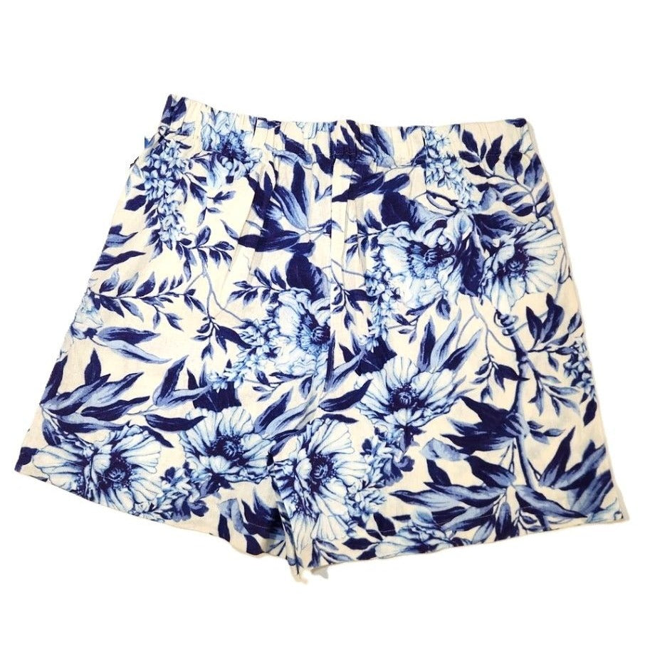 Ellen Tracy Skort Linen Blend Skirt Shorts Blue Tropical Elastic Waist Pull-on