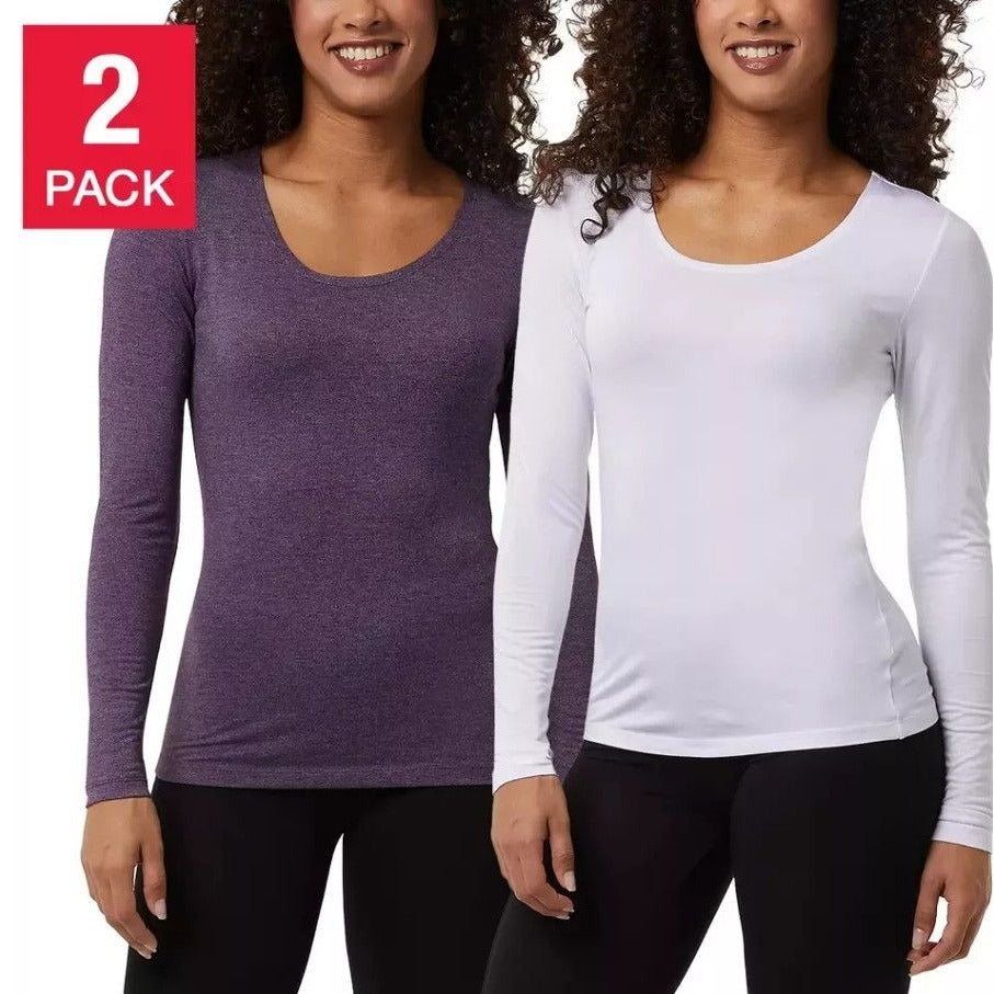 32 Degrees Heat 2 Pack Women Lightweight Long Sleeve Base Layer Shirt White Purple Top
