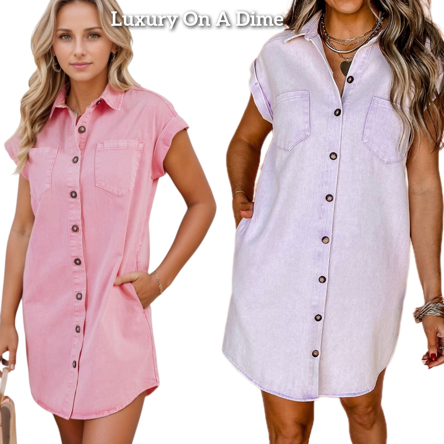 Cotton Button Down Denim Shirt Dress Jean Collar Short Sleeve Pocket Mini