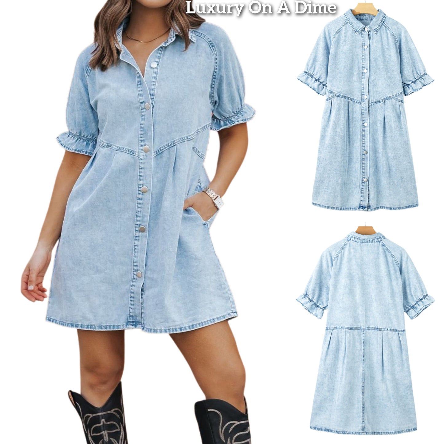 Blue Jean Babydoll Shirt Dress Button-up Denim Collar Ruffle Short Sleeve Mini
