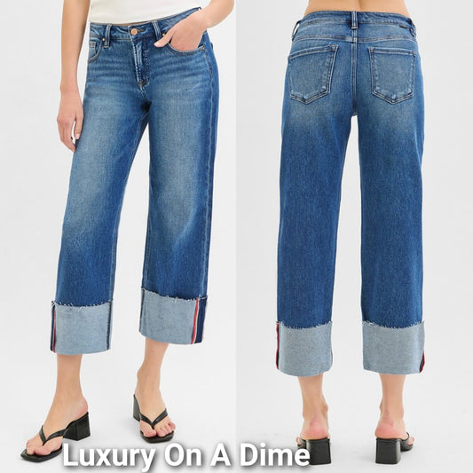 RISEN Mid-Rise Relaxed Fit Mom Jeans Wide Leg Crop Cuffed Raw Hem Denim Pants Plus Size Available