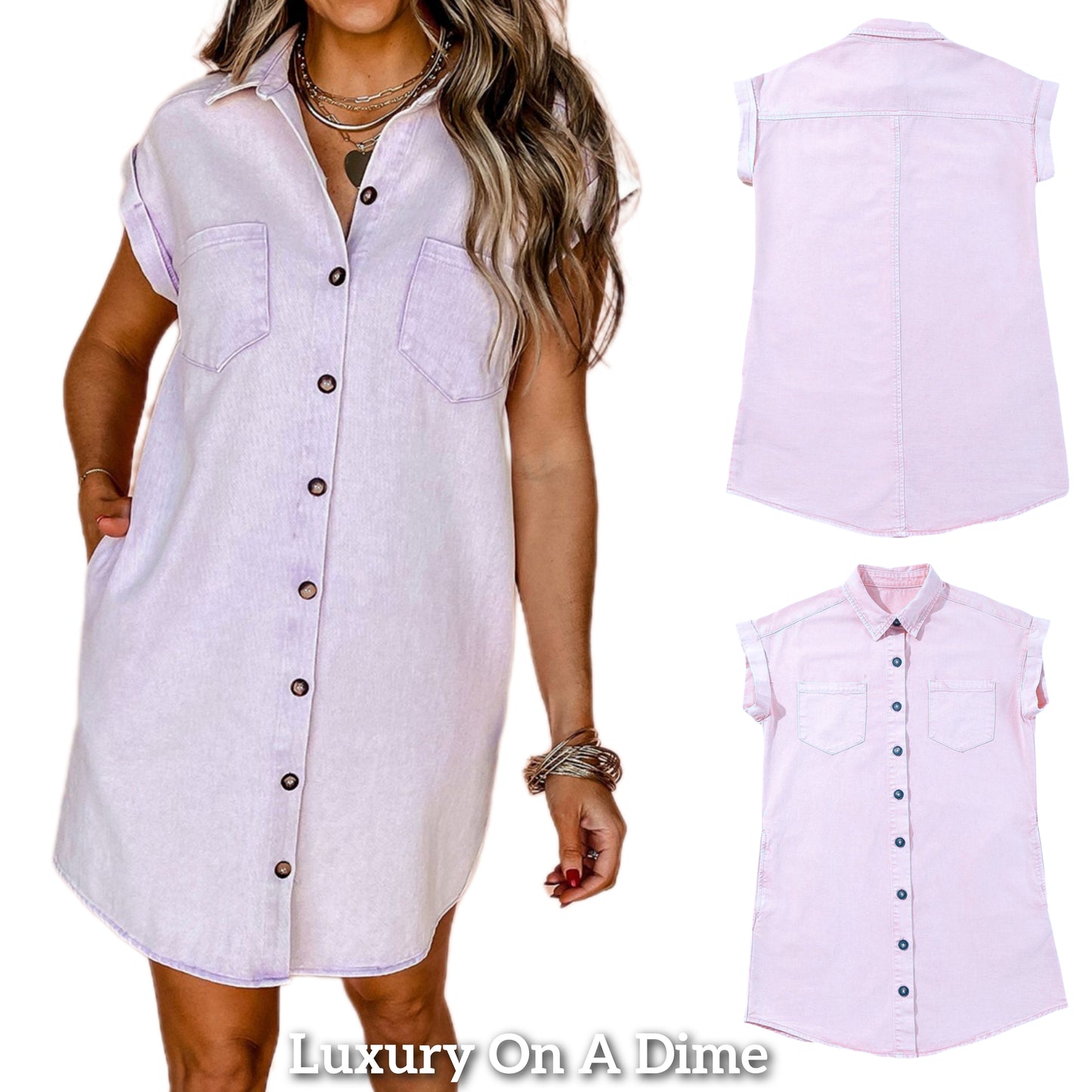 Cotton Button Down Denim Shirt Dress Jean Collar Short Sleeve Pocket Mini