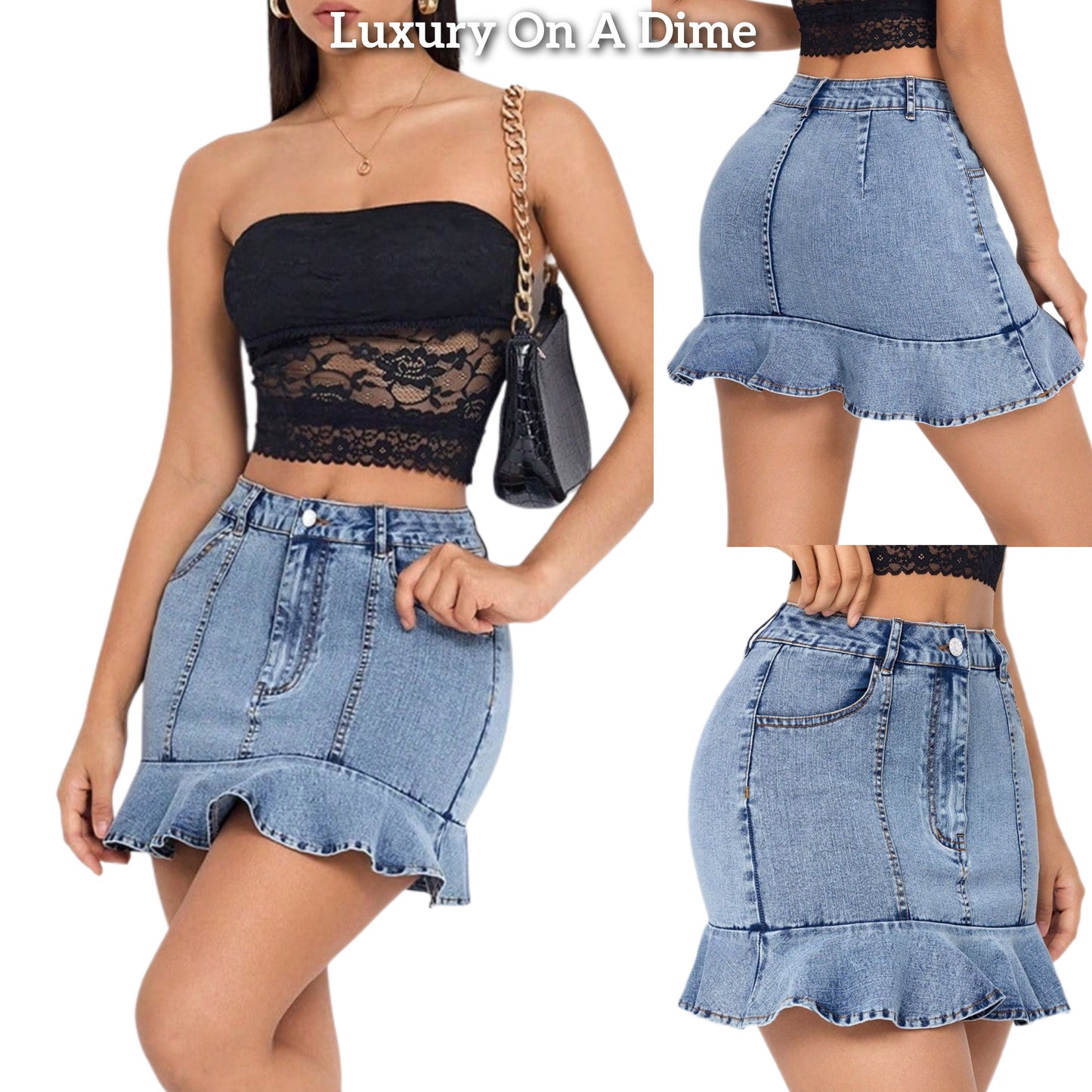 Ruffle Hem Denim Retro High-Rise Waist Jean Hip Pocket Vertical Seam Mini Skirt