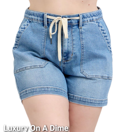Judy Blue High-Rise Drawstring Waist Relaxed Fit Vintage Wash Denim Jean Shorts Plus Size Only