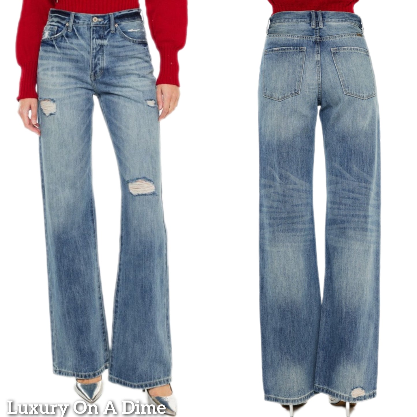 RISEN High-Rise Boyfriend Bootcut Jeans Relaxed Distressed Torn Hole Denim Pants