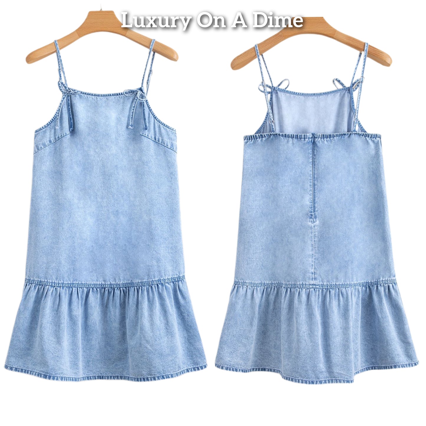 Bow Spaghetti Strap Ruffle Hem Side Pocket Denim Dress Babydoll Jean Mini
