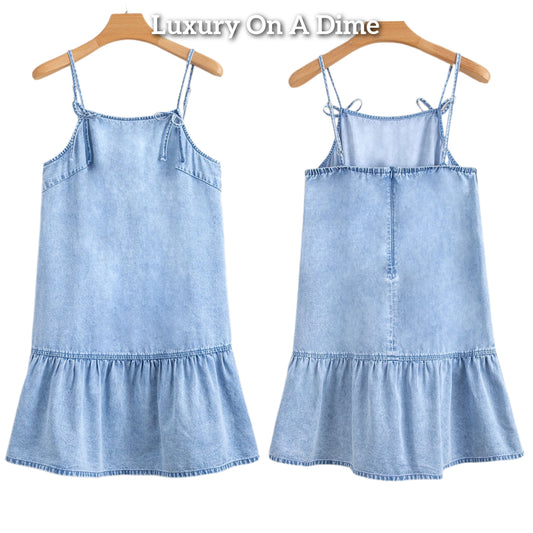 Bow Spaghetti Strap Ruffle Hem Side Pocket Denim Dress Babydoll Jean Mini