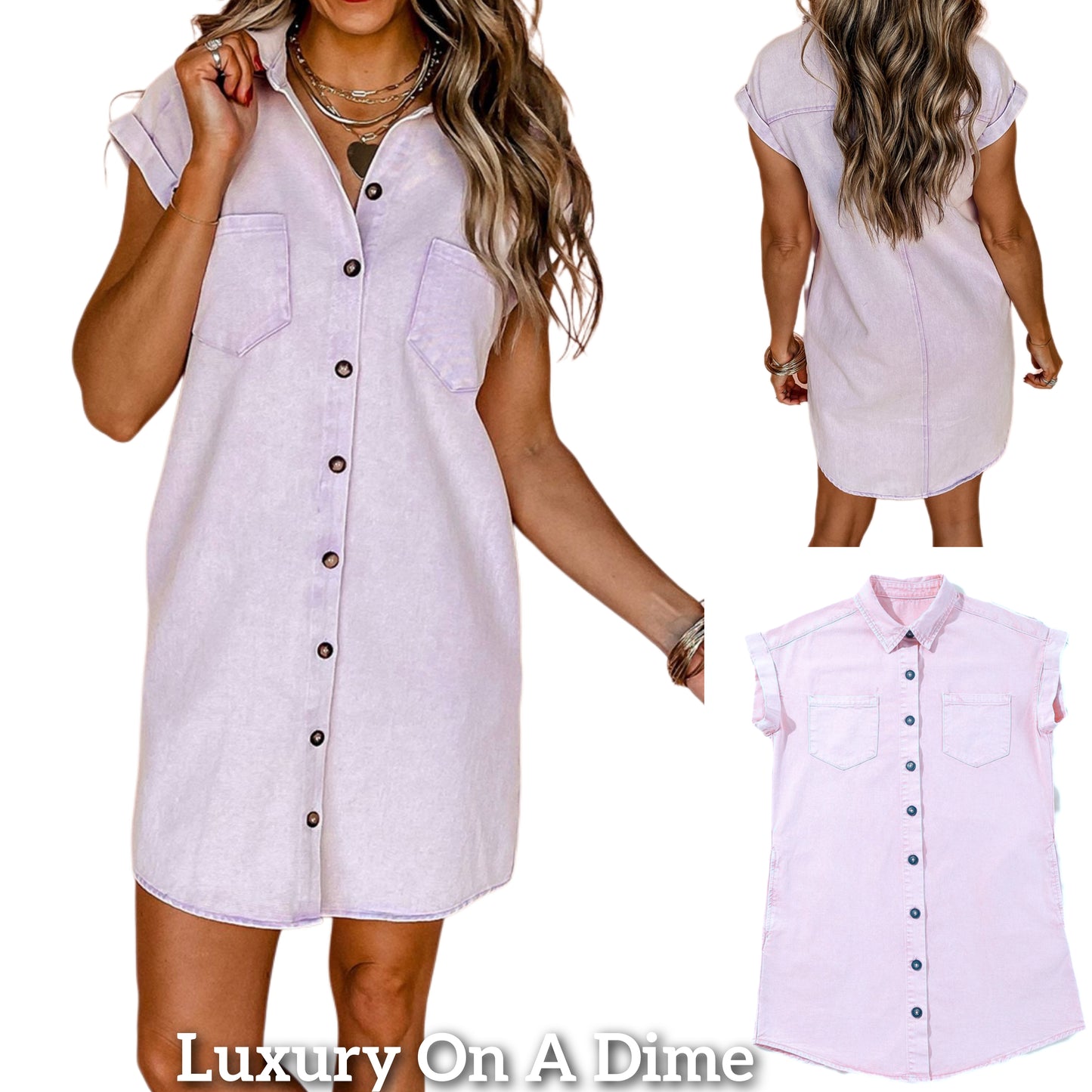 Cotton Button Down Denim Shirt Dress Jean Collar Short Sleeve Pocket Mini