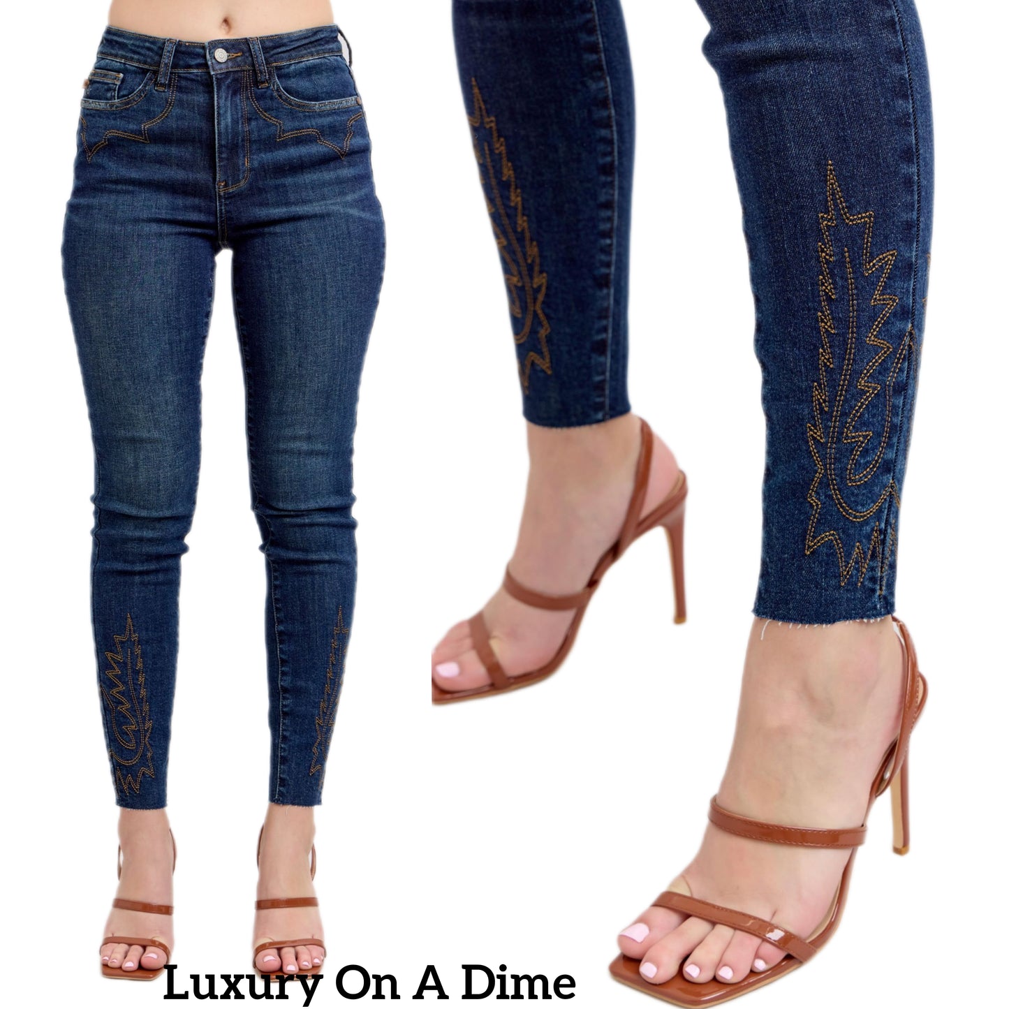 Judy Blue Embroidered Skinny High-Rise Stretch Denim Jeans Slim Ankle Pants