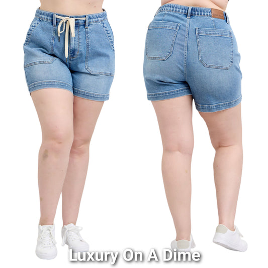 Judy Blue High-Rise Drawstring Waist Relaxed Fit Vintage Wash Denim Jean Shorts Plus Size Only