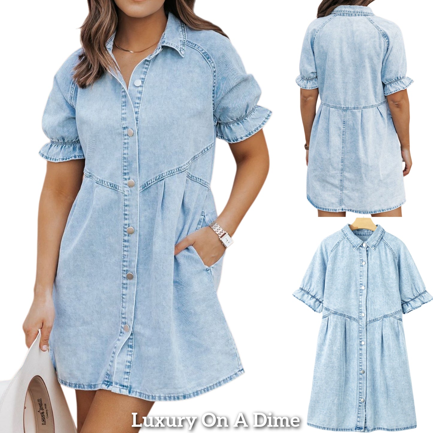 Blue Jean Babydoll Shirt Dress Button-up Denim Collar Ruffle Short Sleeve Mini
