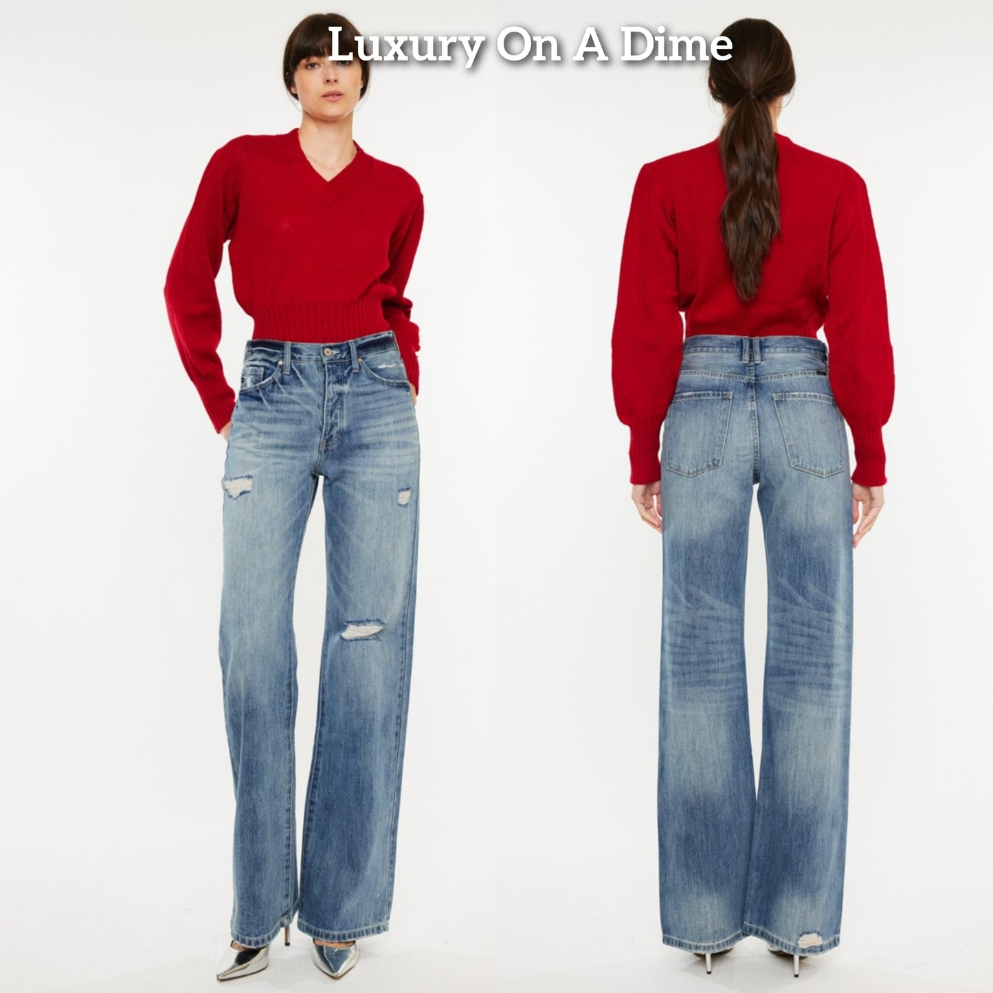 RISEN High-Rise Boyfriend Bootcut Jeans Relaxed Distressed Torn Hole Denim Pants