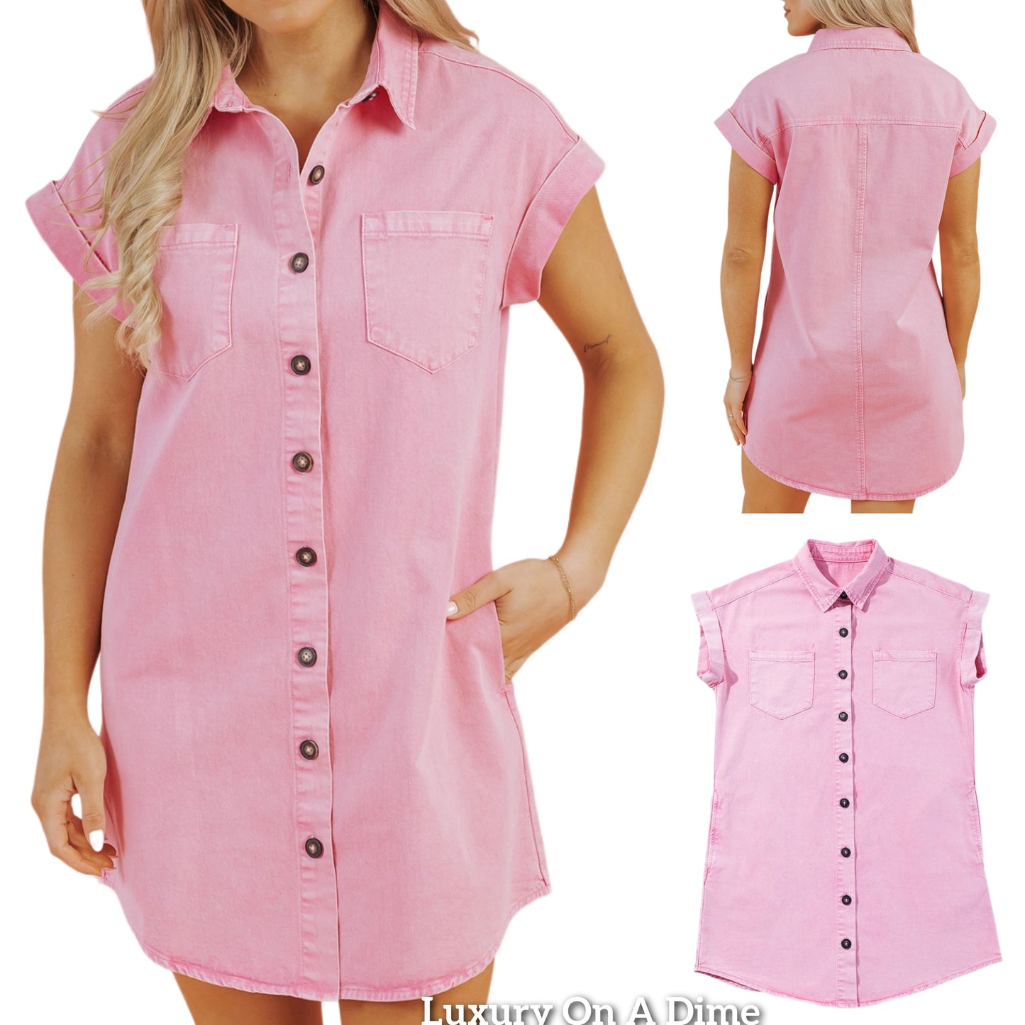 Cotton Button Down Denim Shirt Dress Jean Collar Short Sleeve Pocket Mini
