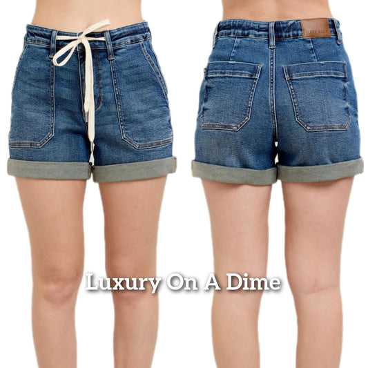 Judy Blue High-Rise Drawstring Waist Relaxed Fit Retro Denim Cuffed Jean Shorts