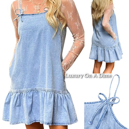 Bow Spaghetti Strap Ruffle Hem Side Pocket Denim Dress Babydoll Jean Mini