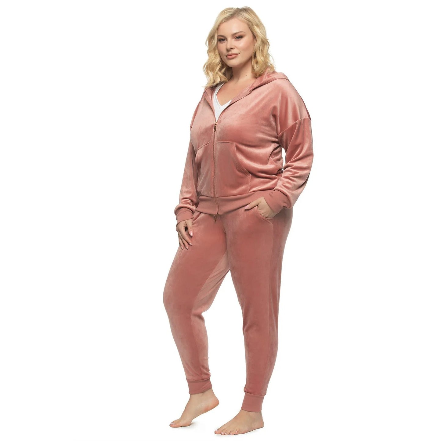 Felina 2 Piece Matching Velour Zip Hoodie Jacket Jogger Pants Set Tracksuit Pink