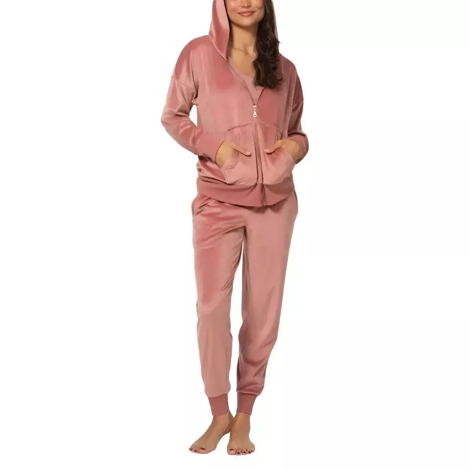 Felina 2 Piece Matching Velour Zip Hoodie Jacket Jogger Pants Set Tracksuit Pink