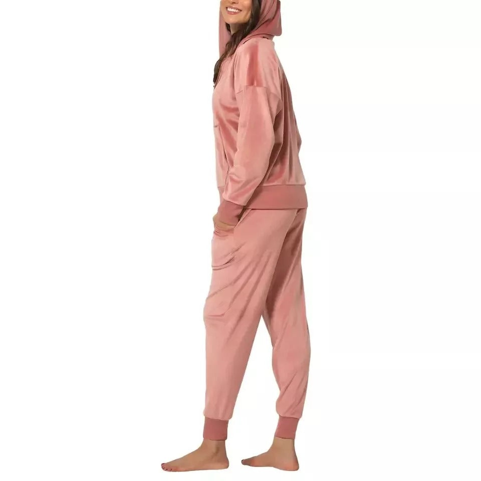 Felina 2 Piece Matching Velour Zip Hoodie Jacket Jogger Pants Set Tracksuit Pink