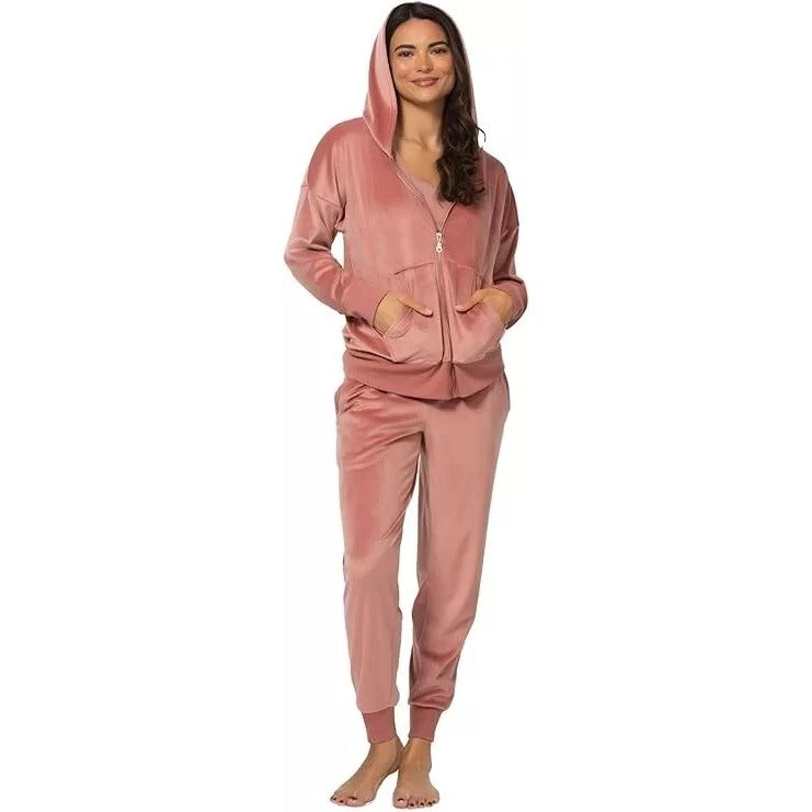 Felina 2 Piece Matching Velour Zip Hoodie Jacket Jogger Pants Set Tracksuit Pink