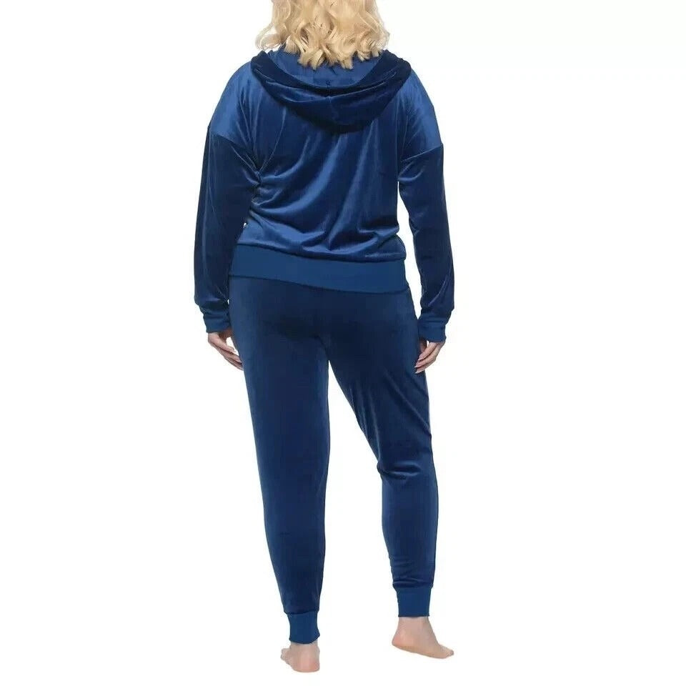 Felina 2 Piece Matching Velour Zip Hoodie Jacket Jogger Pants Set Tracksuit Blue