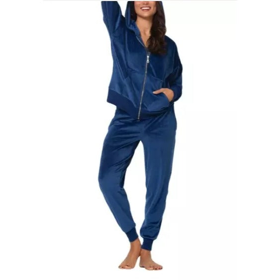 Felina 2 Piece Matching Velour Zip Hoodie Jacket Jogger Pants Set Tracksuit Blue