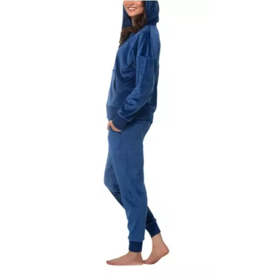 Felina 2 Piece Matching Velour Zip Hoodie Jacket Jogger Pants Set Tracksuit Blue