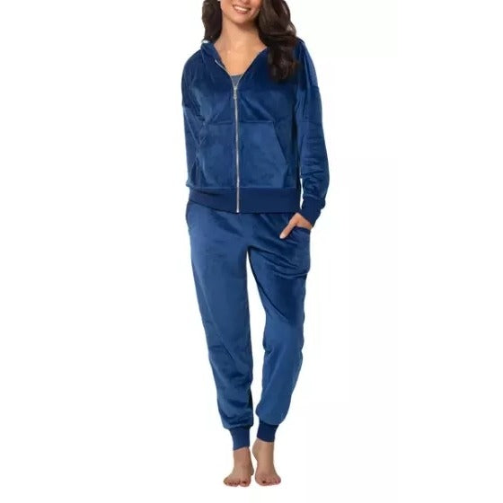 Felina 2 Piece Matching Velour Zip Hoodie Jacket Jogger Pants Set Tracksuit Blue