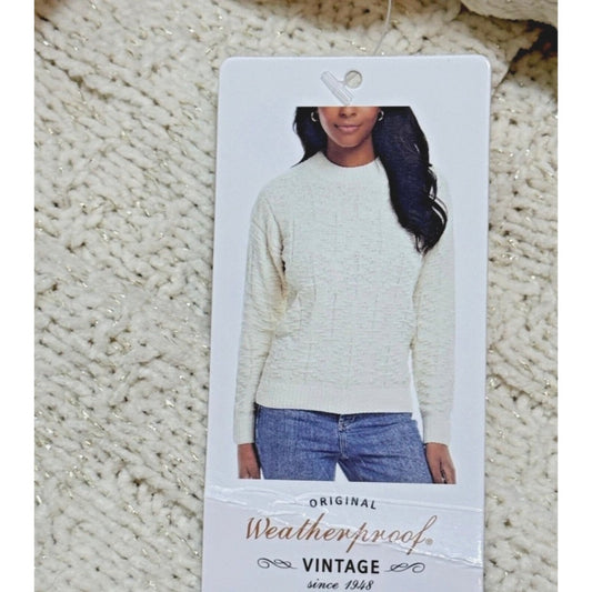 Weatherproof Vintage Women's Knit Sweater Gold Metallic Long Sleeve Pullover Knitwear Cream