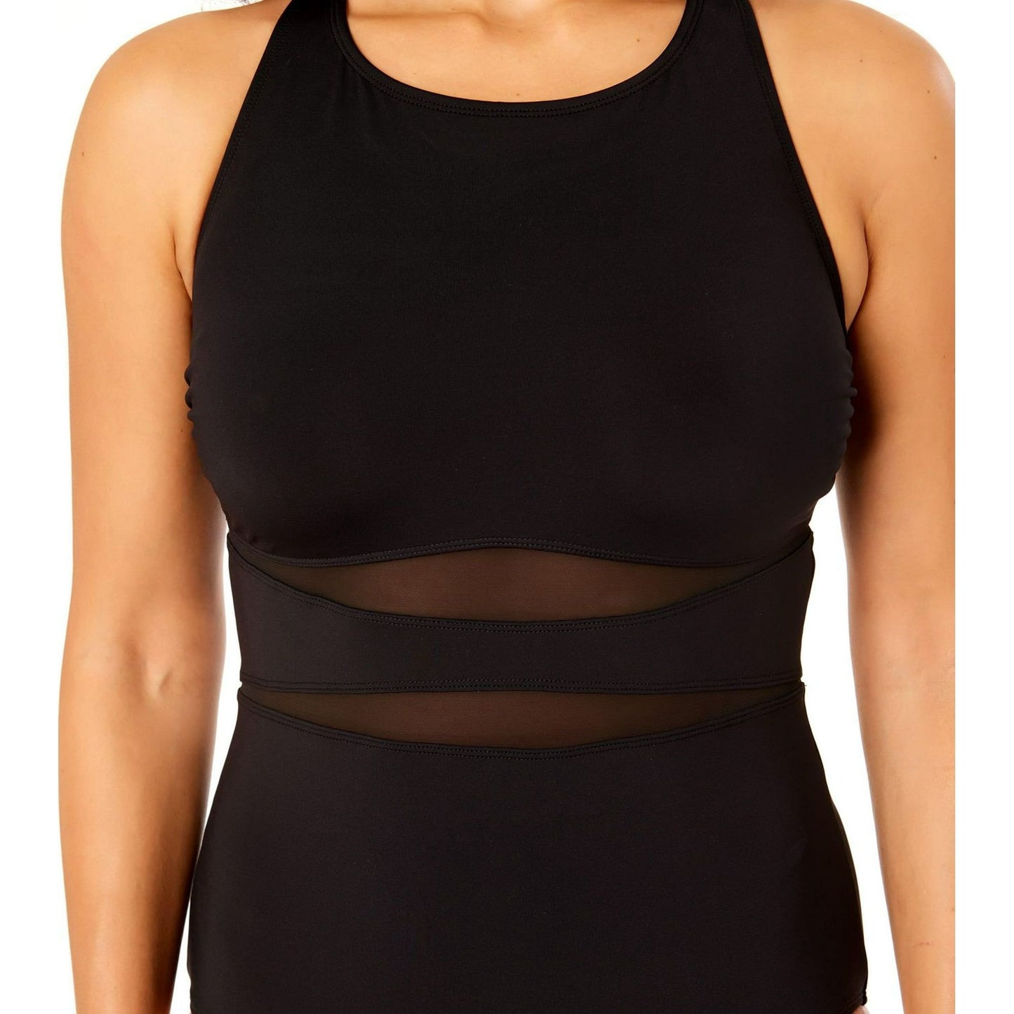 Lands' End Swimwear Mesh Swim One Piece Bathing Suit High Neck UPF 50 Black