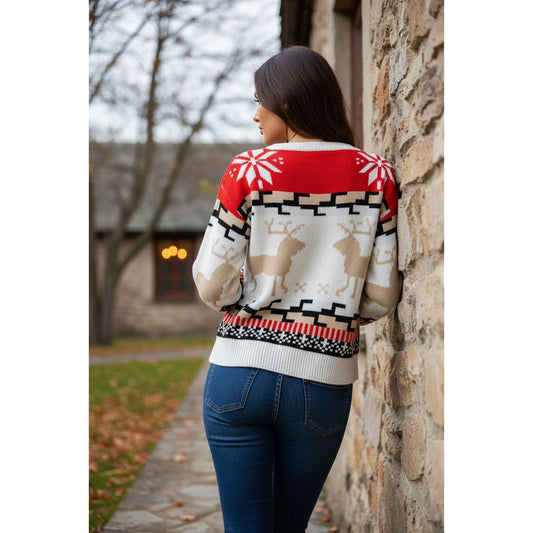 Geometric Reindeer Snowflake Knit Round Neck Classic Holiday Sweater Minimalist
